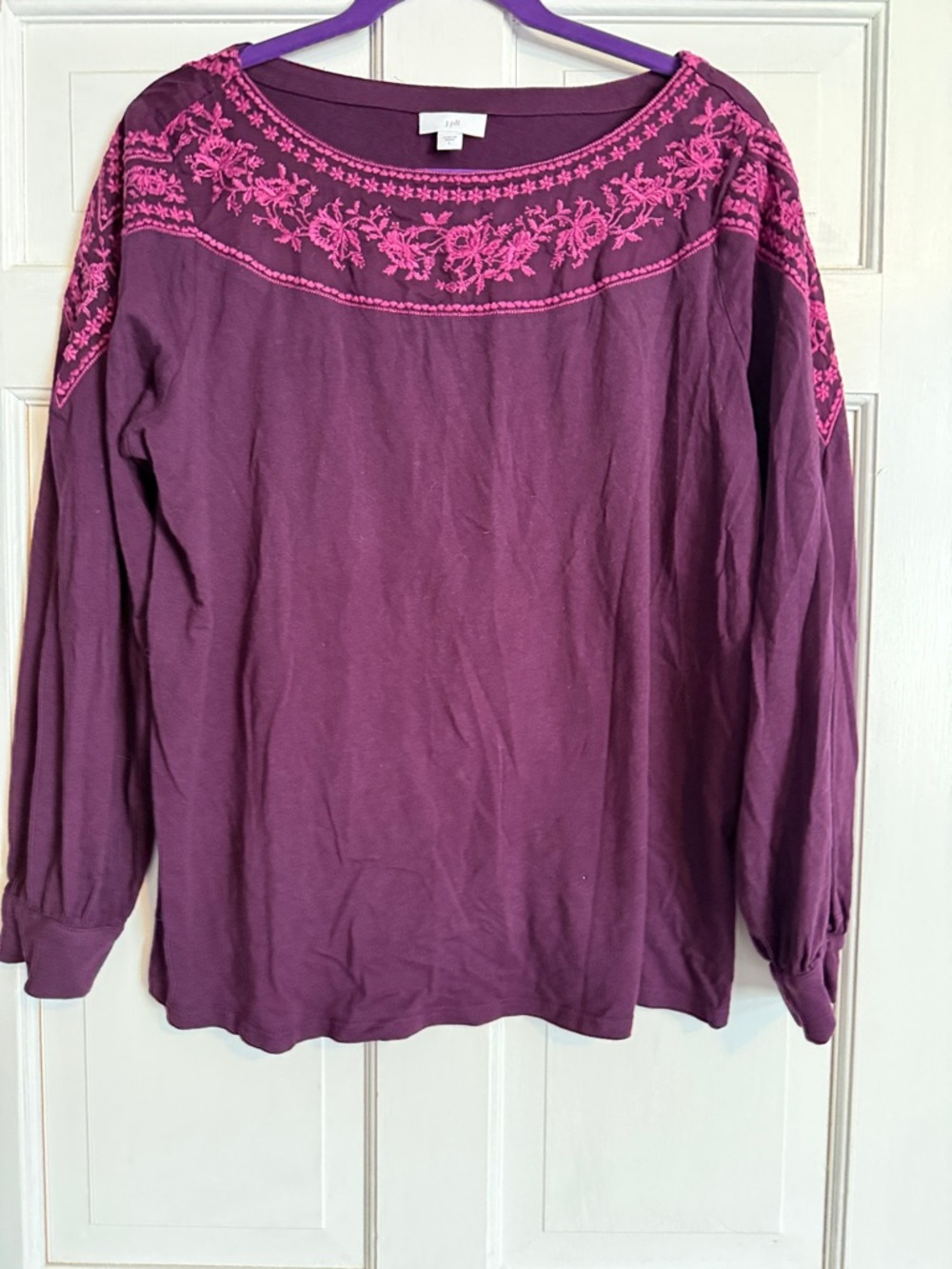 J. Jill Plum Long-Sleeve Tee with Pink Floral Embroidery